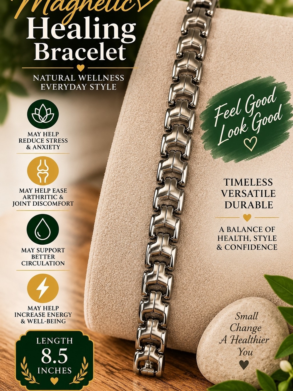 Stainless Steel Magnetic Healing Bracelet - Silver Wellness Link Bracelet